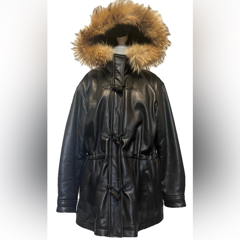 Andrew Marc Women’s M Leather Jacket Coat Hood with Racoon Fur Trim horn toggles